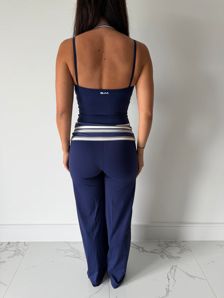 NAVY PARADISE STRIPE WIDE LEG BOTTOMS AND HALTER TANK