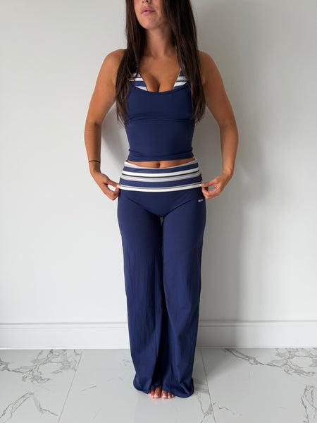 NAVY PARADISE STRIPE WIDE LEG BOTTOMS AND HALTER TANK